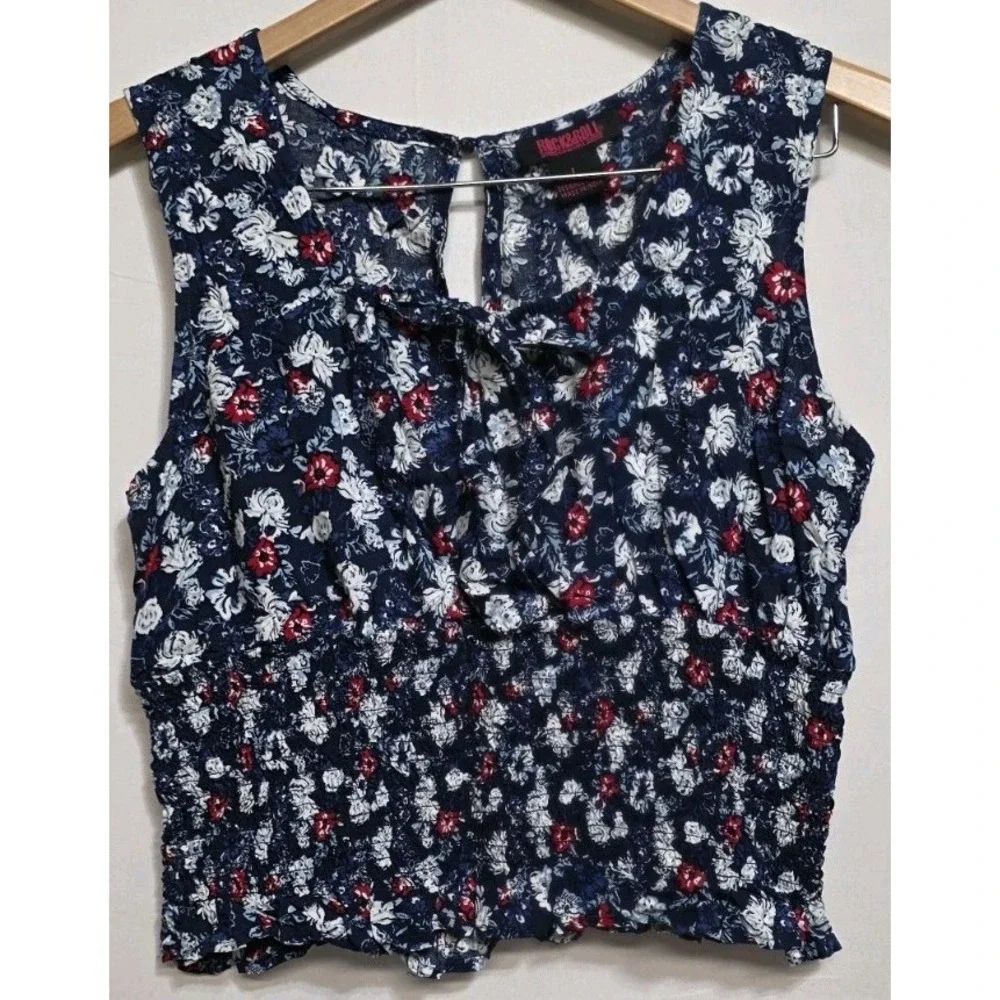 Rock & Roll Floral Cropped Blouse Lrg Boho Whimsigoth‎ Peasant Gypsy Y2K Smocked